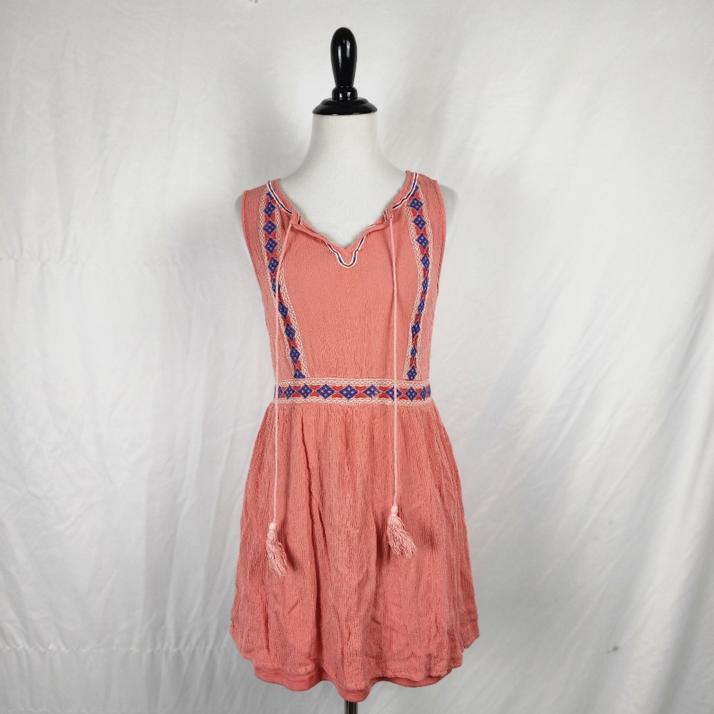 Entro Boho Embroidered Sleeveless Shift Dress w Tassles, Terracotta Small